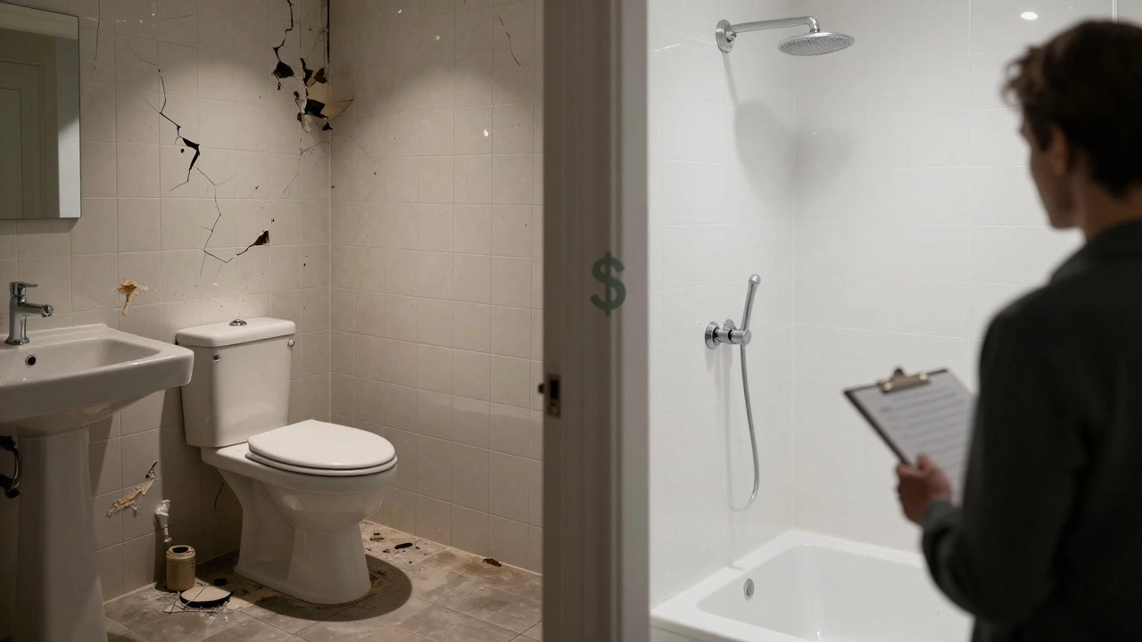 Split image: left shows a failing bathroom, right shows a well-done remodel.