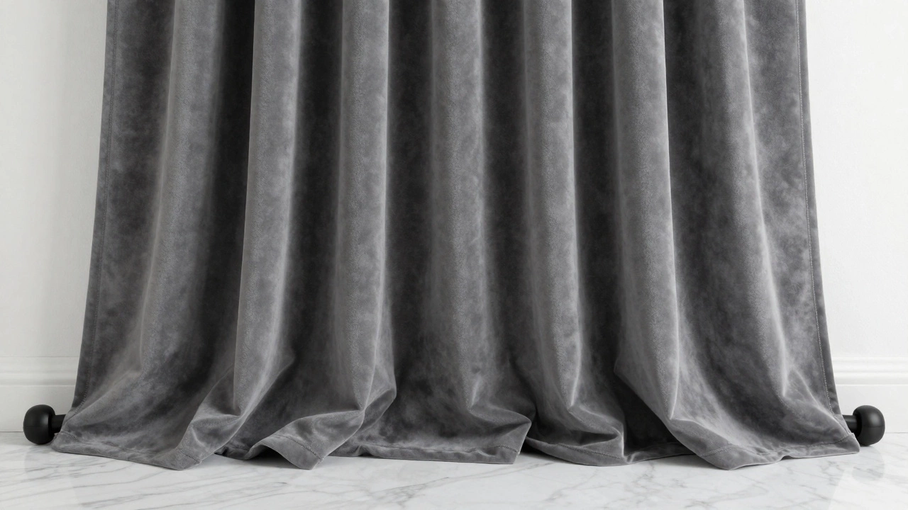 Velvet curtains gently touching the floor with perfect 1.5-inch pooling, hung on a thick matte black rod with elegant folds.