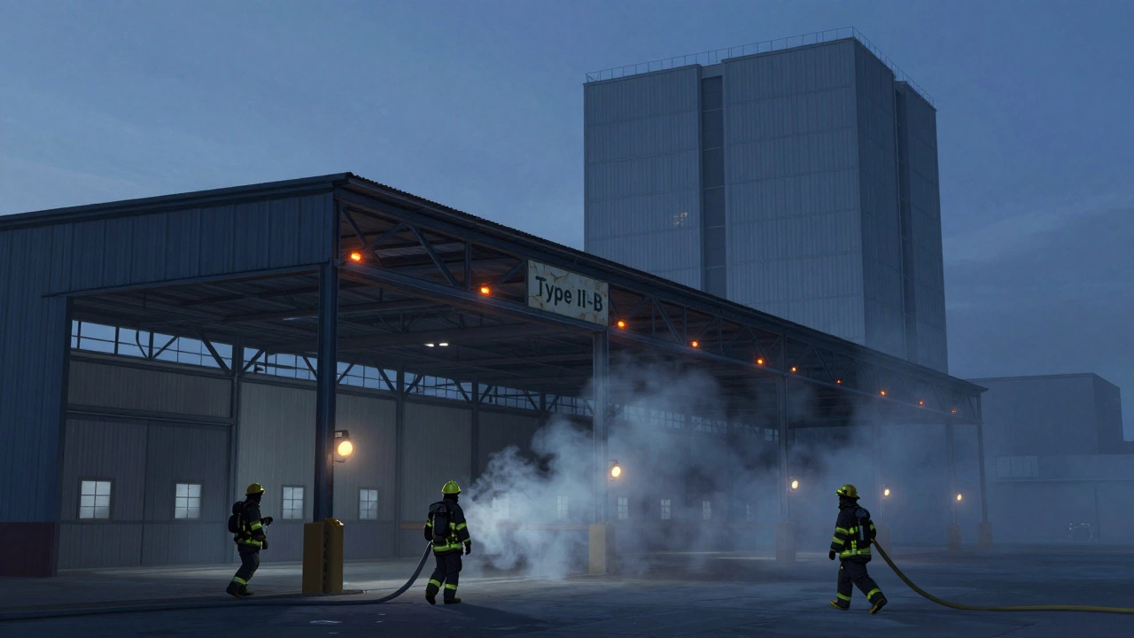 Warehouse with Type B construction at dusk, firefighters approaching as a nearby high-rise remains safe.