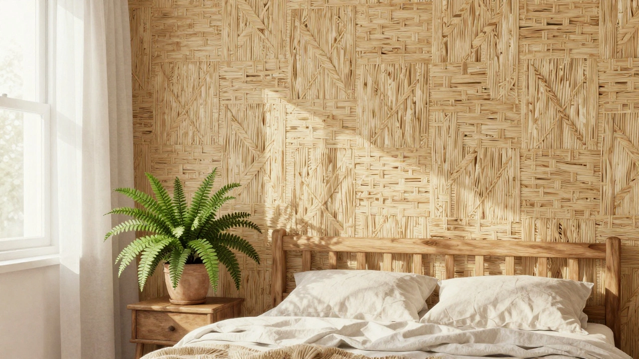 A bedroom wall with natural seagrass wallpaper catching soft morning light.