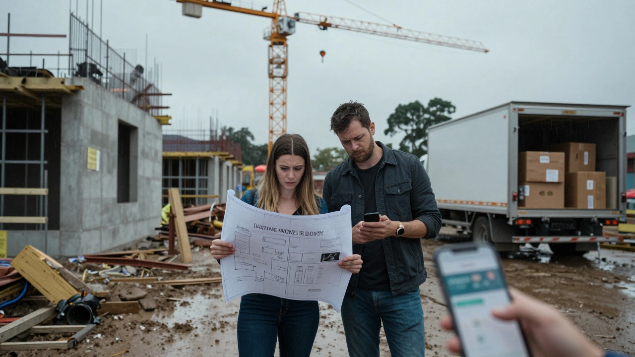 A stressed couple on a rainy construction site in outer Melbourne, holding blueprints while a rental truck waits nearby.