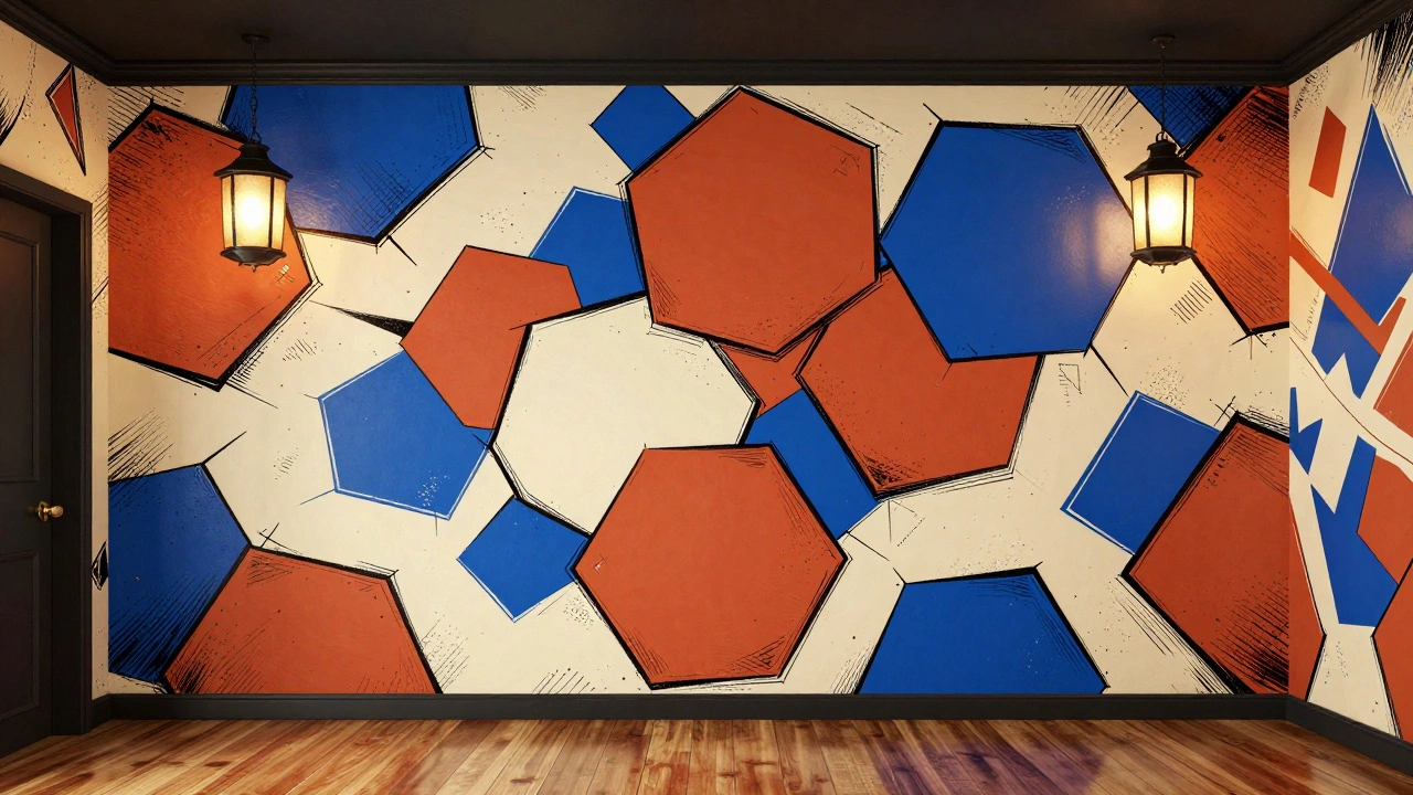 An entryway with bold, hand-drawn geometric wallpaper in vibrant earth tones.