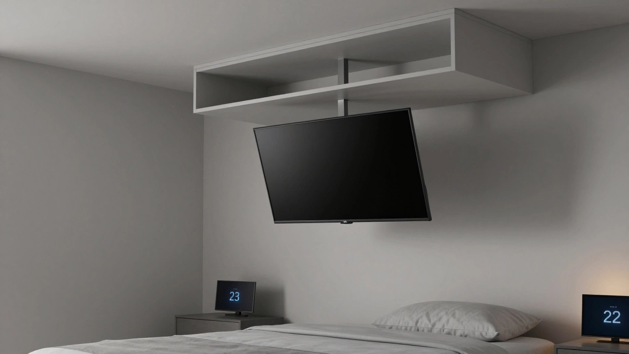 Ceiling-mounted TV lowering in a small bedroom, with a small info screen on the nightstand.