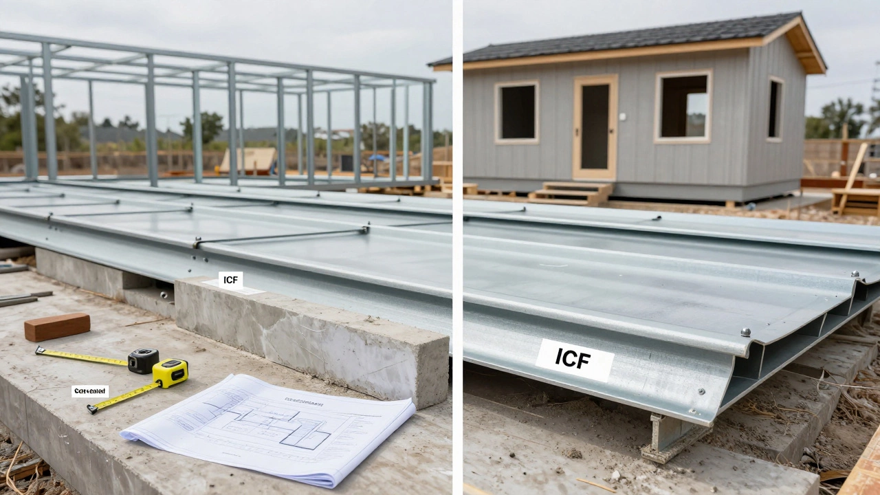 Close-up of cost-saving building materials: steel frame, insulated concrete blocks, and recycled metal roofing on a construction site.