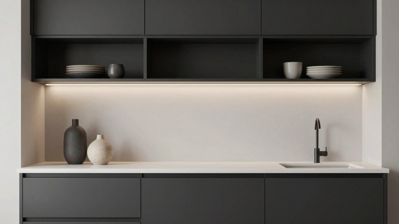Clutter-free counter with single vase, matte black hardware, and curated open shelves.