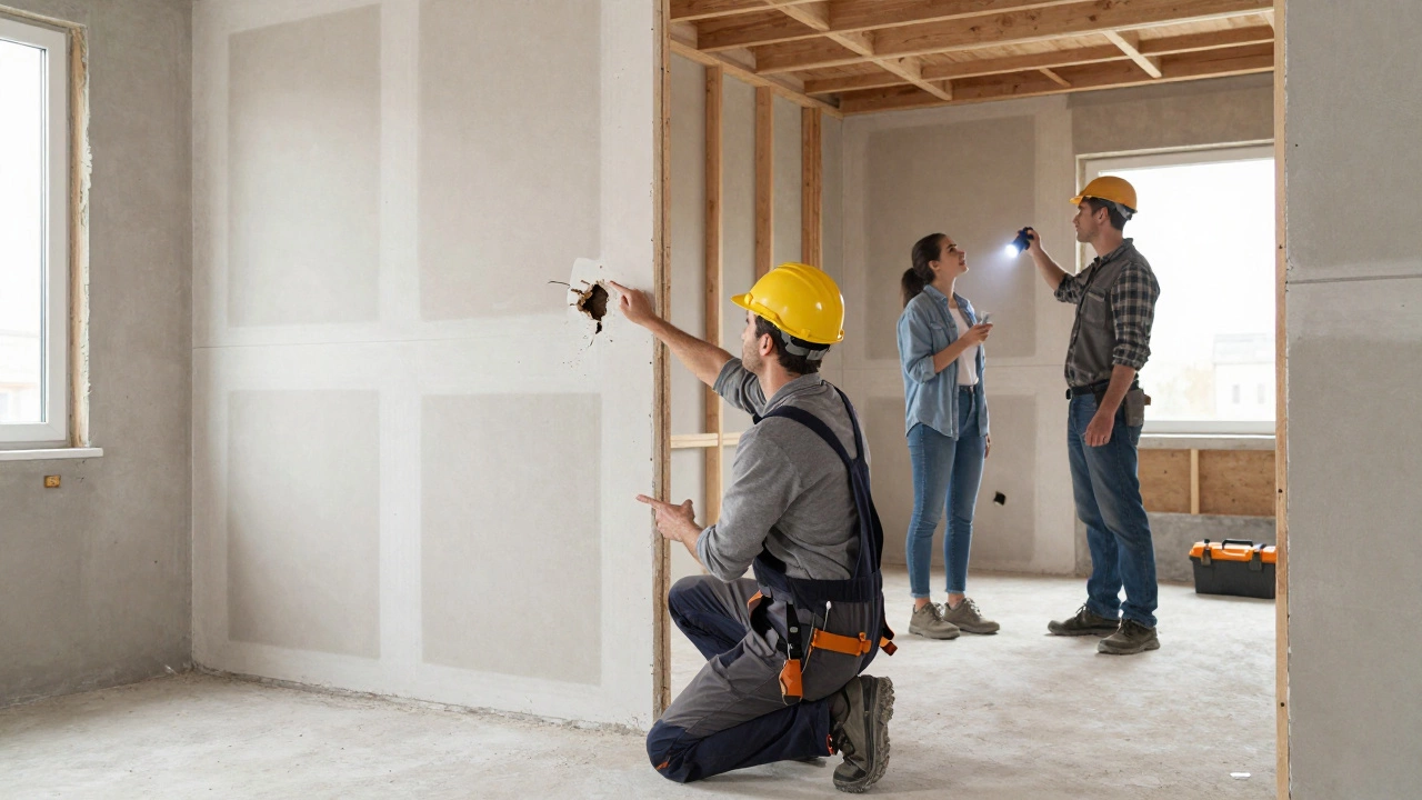 Contractor explaining structural damage to a homeowner in a half-renovated home.