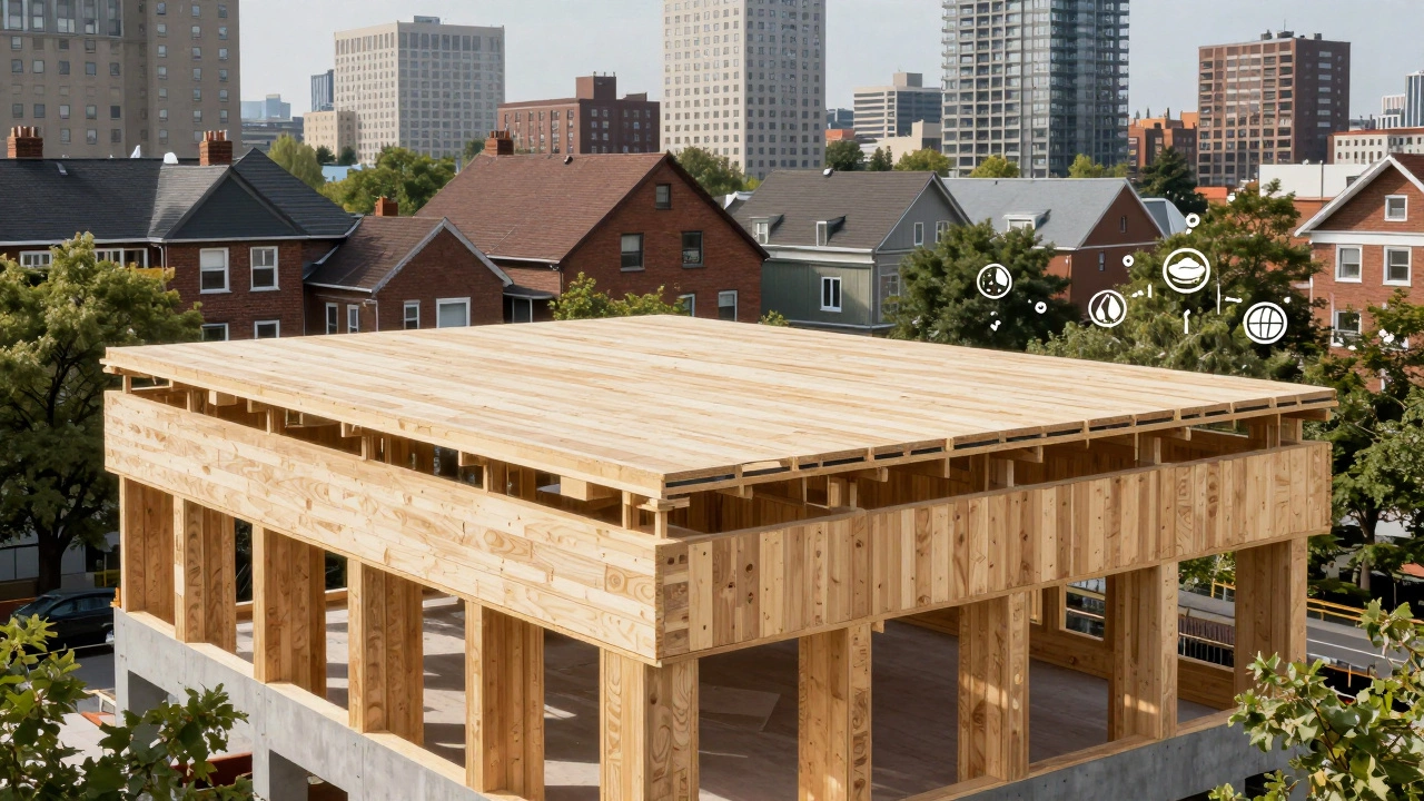 Cross-laminated timber panels being assembled into a modern building with natural wood texture.