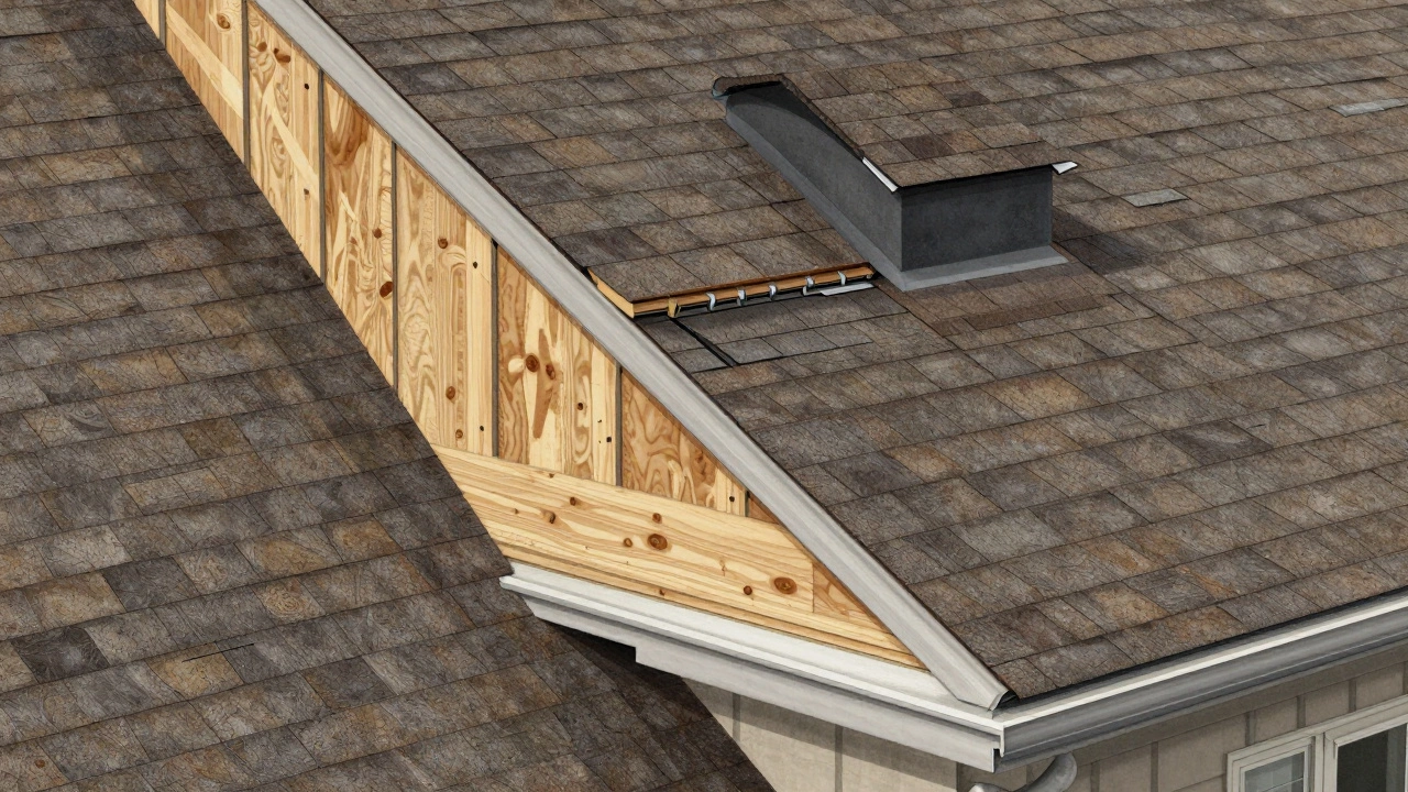 Cross-section of a roof showing layers of materials and flashing details