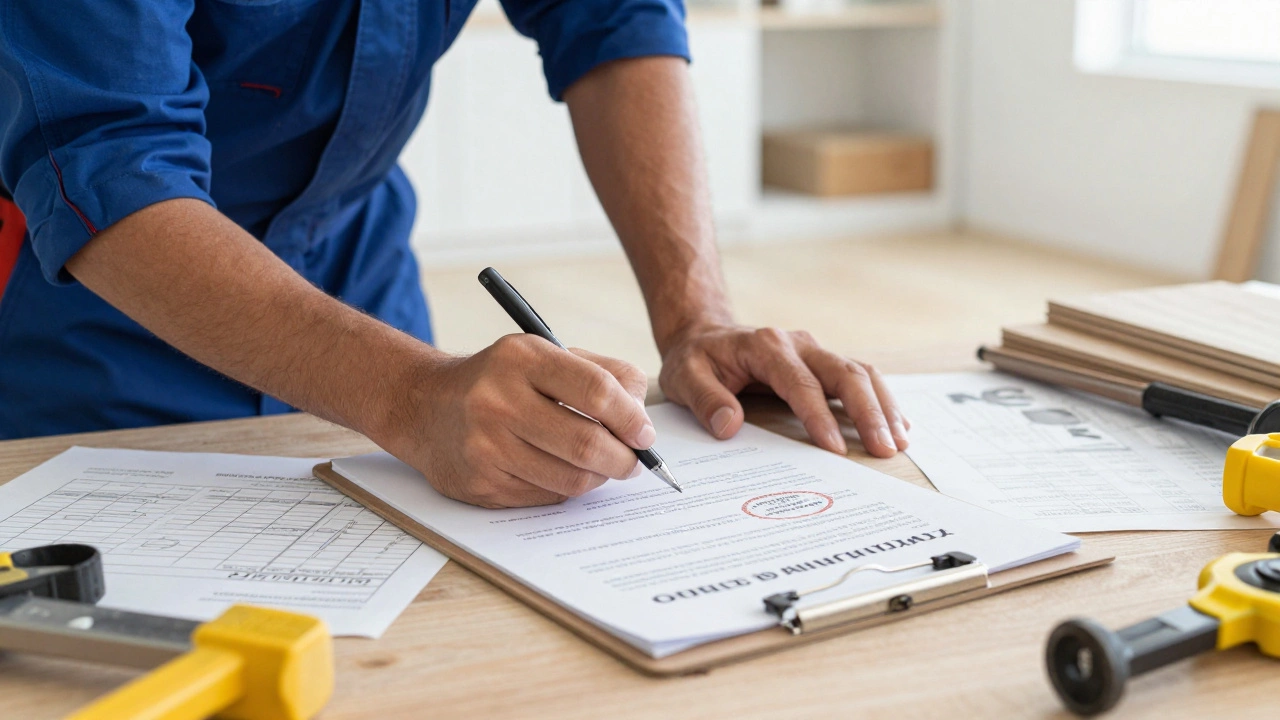 Hand signing a warranty document with tools and permits nearby.