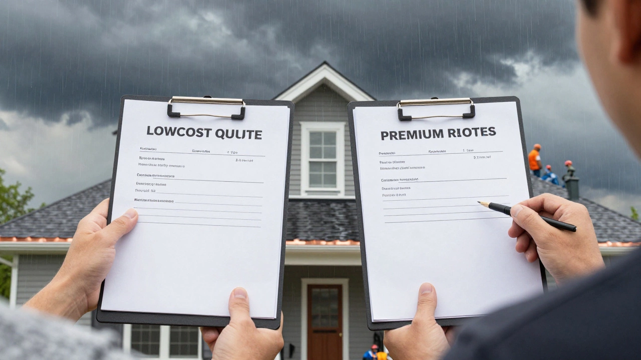 Homeowner comparing two roof quotes with stormy sky in background