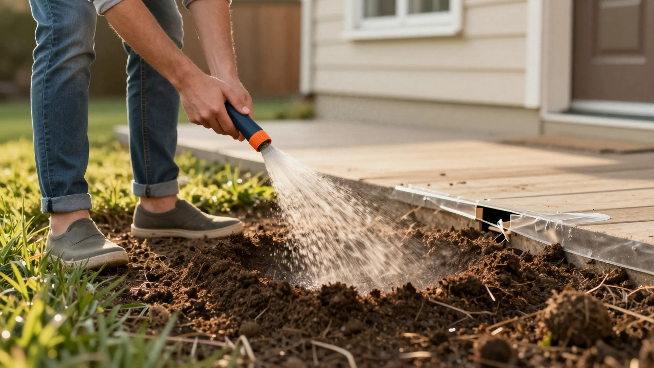 Homeowner watering soil near house foundation during dry season.