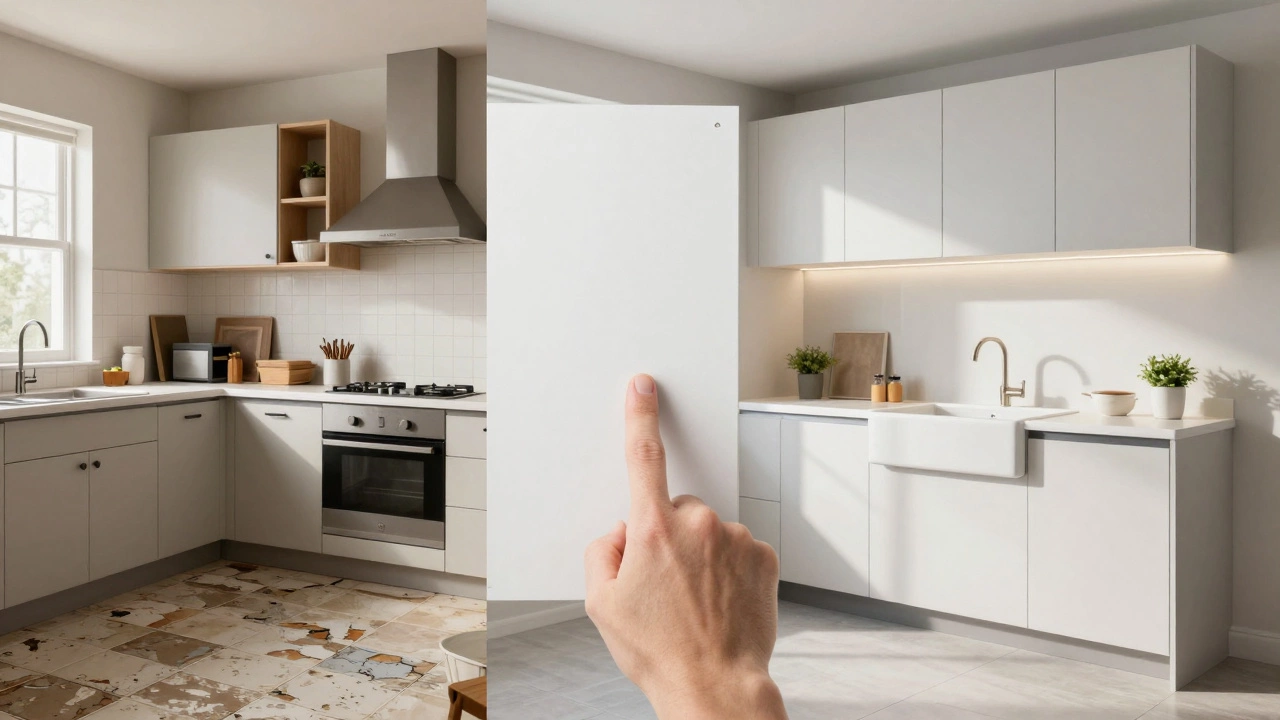 Side-by-side comparison of a cluttered old kitchen and its transformed 3D redesign with new cabinets and lighting.