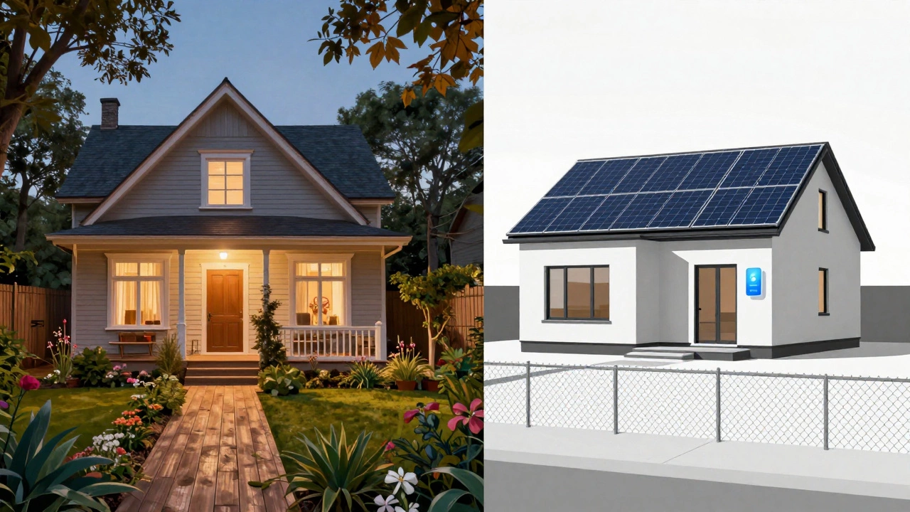 Split image: a cozy older home on one side, a modern energy-efficient house on the other, surrounded by empty land.