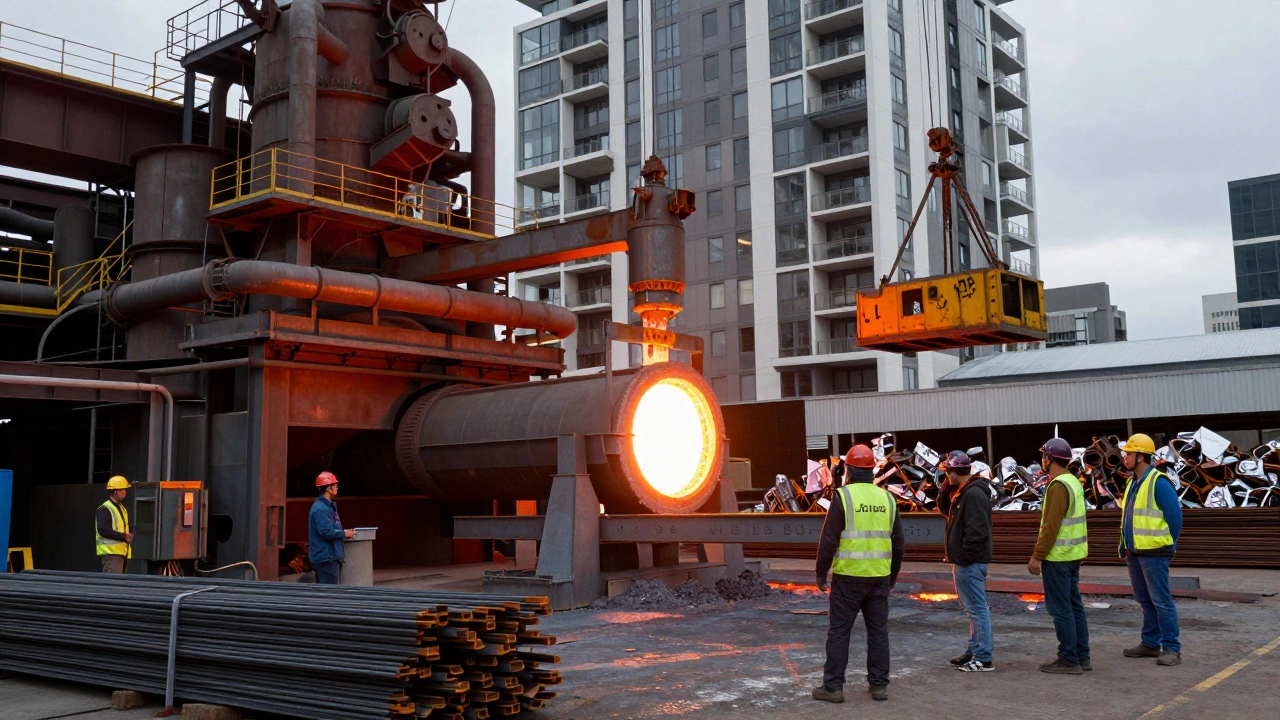 Steel mill producing structural beams with recycled scrap and rebar inspection.