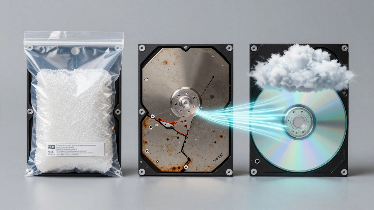 Three hard drives showing proper storage, corrosion, and data migration to cloud and optical disc.