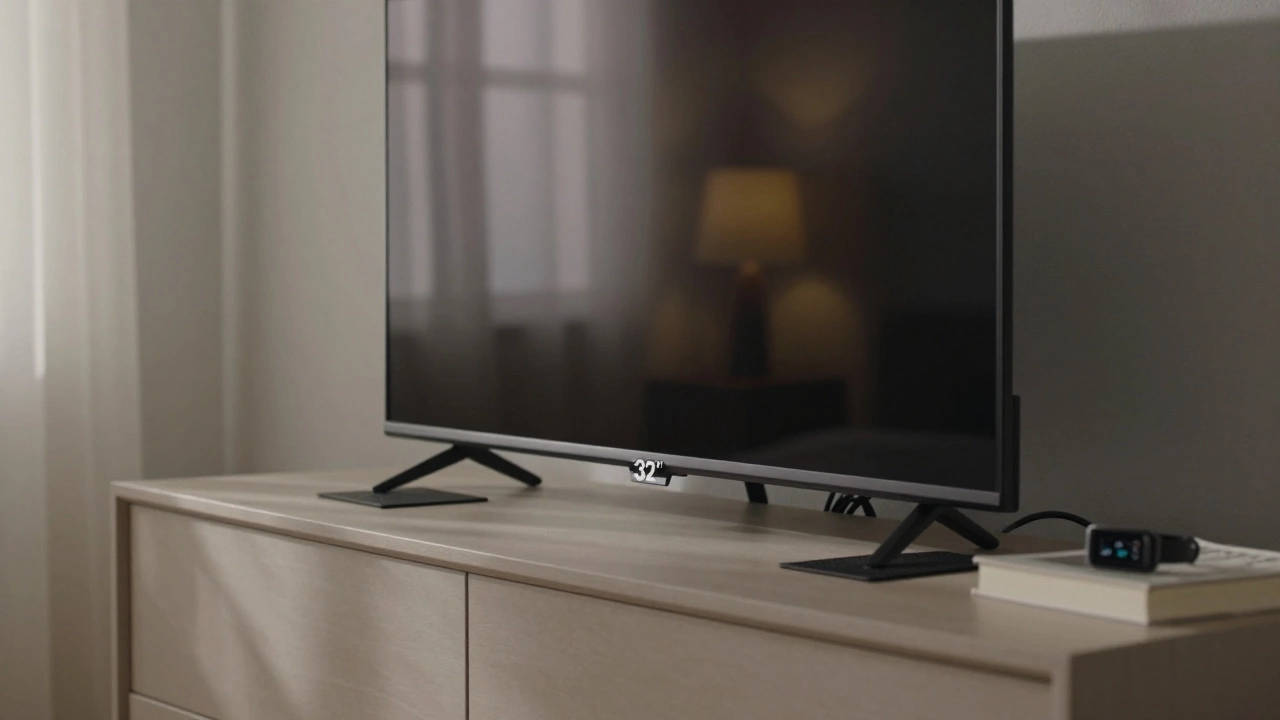 TV on a dresser with hidden cables and red nightlight beside a bed in a minimalist room.