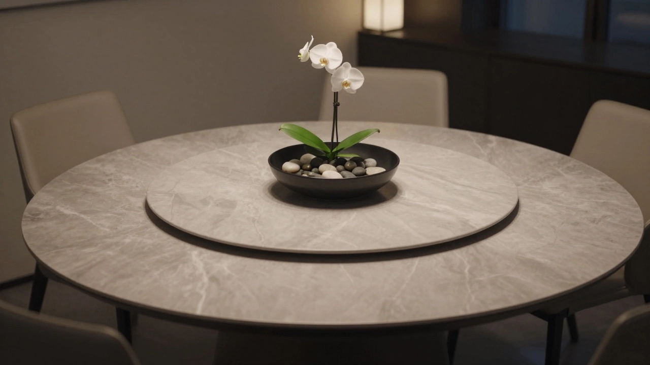 A black ceramic bowl with river stones and a single white orchid as a minimalist dining table centerpiece.