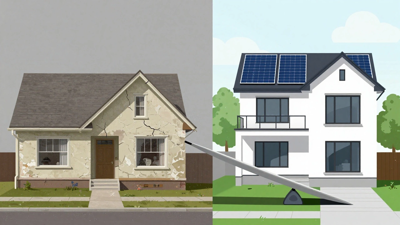 A conceptual side-by-side of an aging home versus a modern new build, highlighting energy efficiency and maintenance advantages.