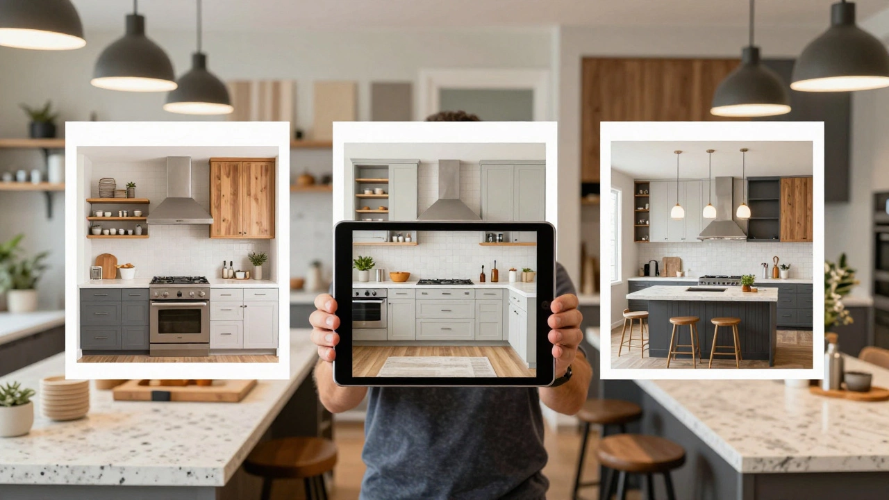 A contractor showing three kitchen redesign options on a tablet to a client.