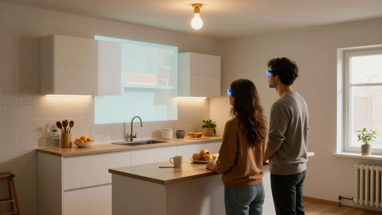 A couple viewing a virtual kitchen redesign through AR glasses in their actual space.