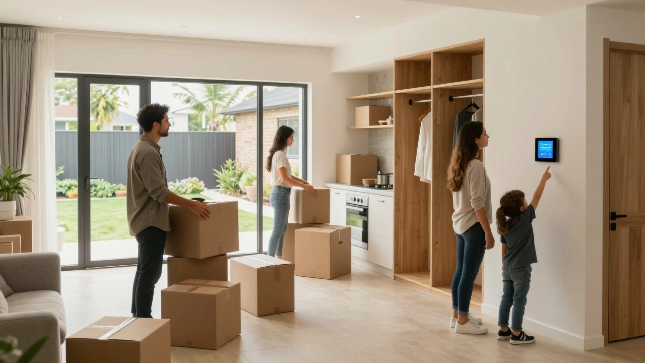 A family unpacking in a bright new build home with modern kitchen and smart home panel, surrounded by clean, spacious interiors.