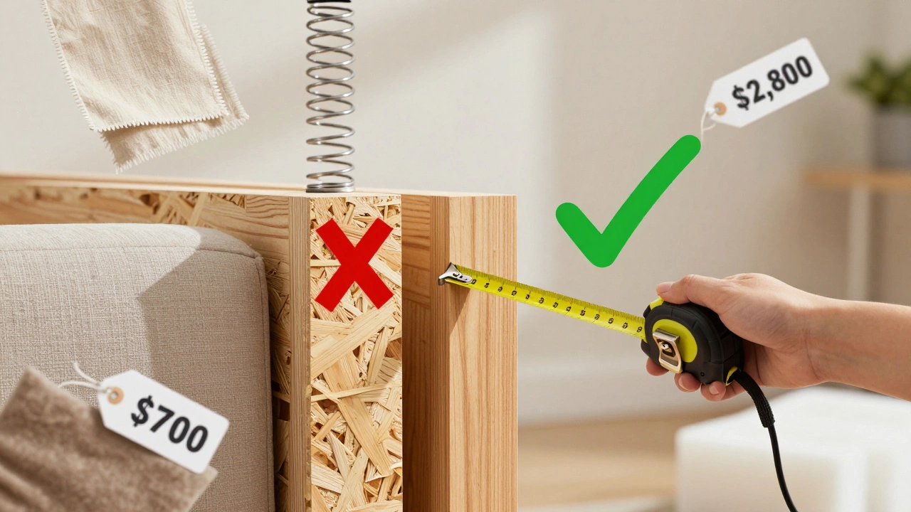 A hand measuring a couch frame with indicators showing particleboard versus solid hardwood, surrounded by fabric and foam samples.