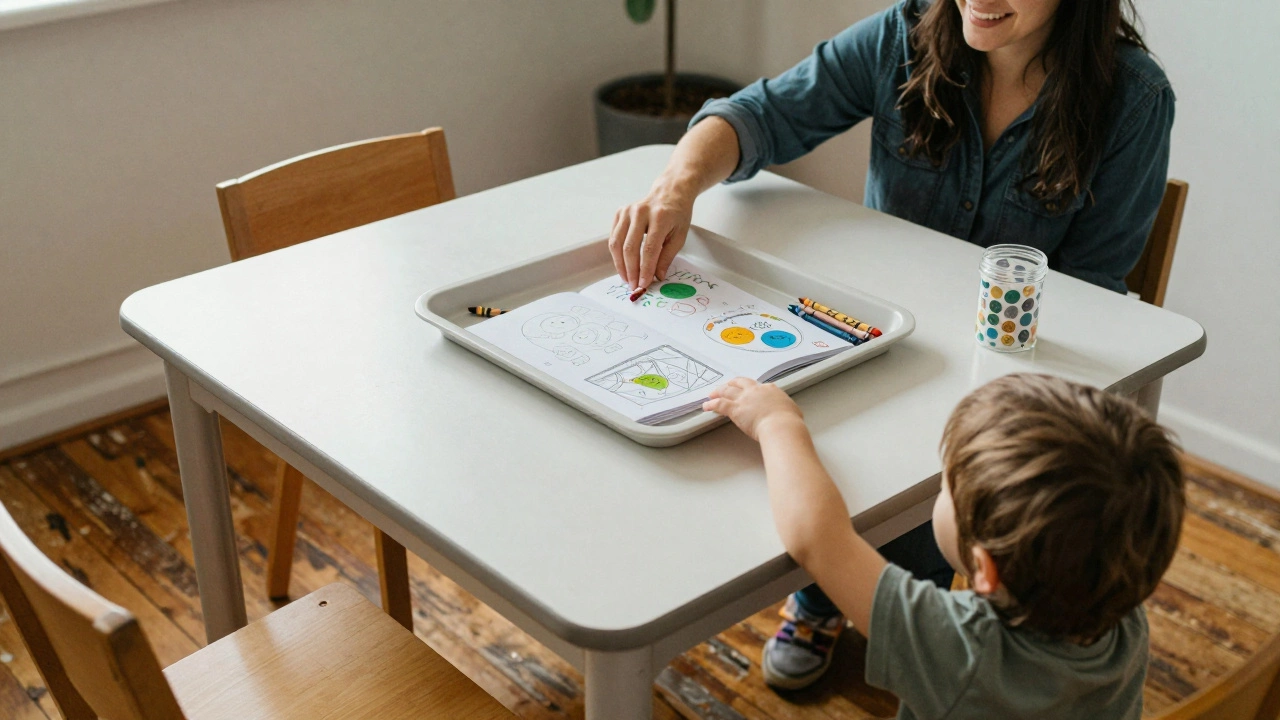 A tray with coloring books and crayons on a family dining table, inviting child-friendly interaction.