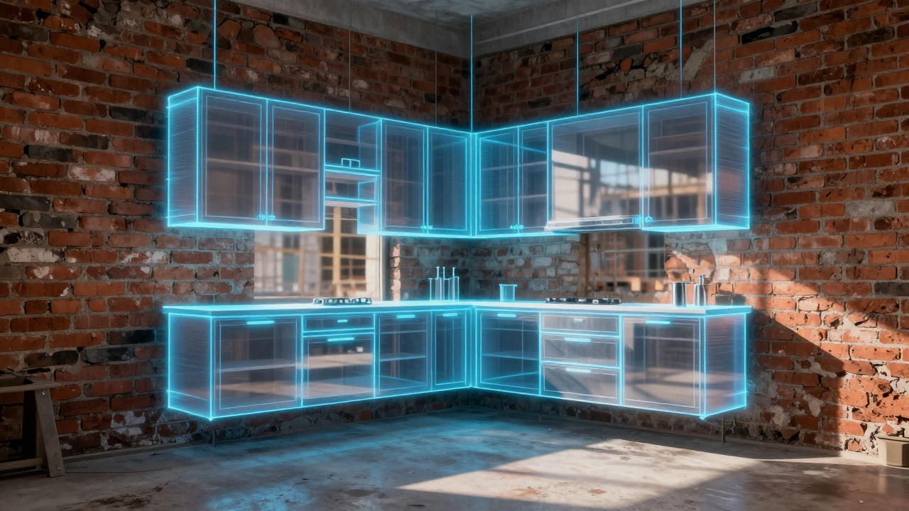 Augmented reality kitchen cabinets overlaid on brick wall.