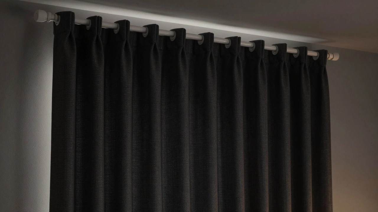 Blackout cotton curtain blocking all light in a serene, minimalist bedroom.