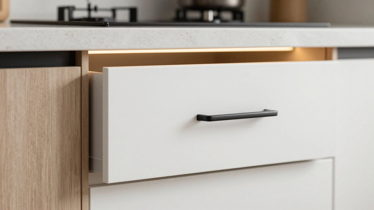 Close up of white cabinet doors and black iron handles.