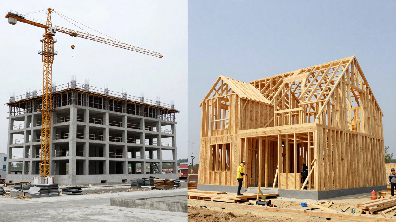 Construction scenes side by side: commercial building with cranes and steel frames versus residential home with wood framing.