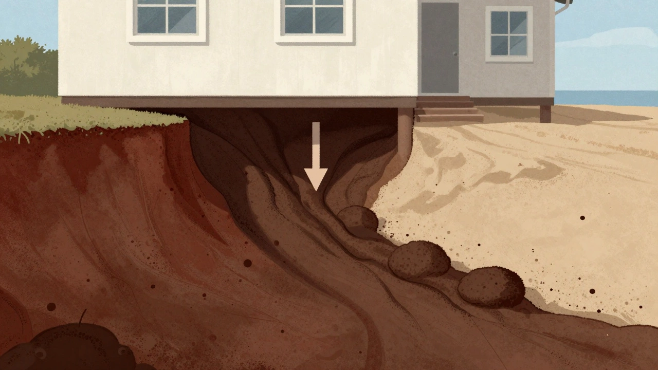 Cross-section of clay and sandy soils beneath a house, illustrating how moisture changes cause foundation movement in Melbourne.