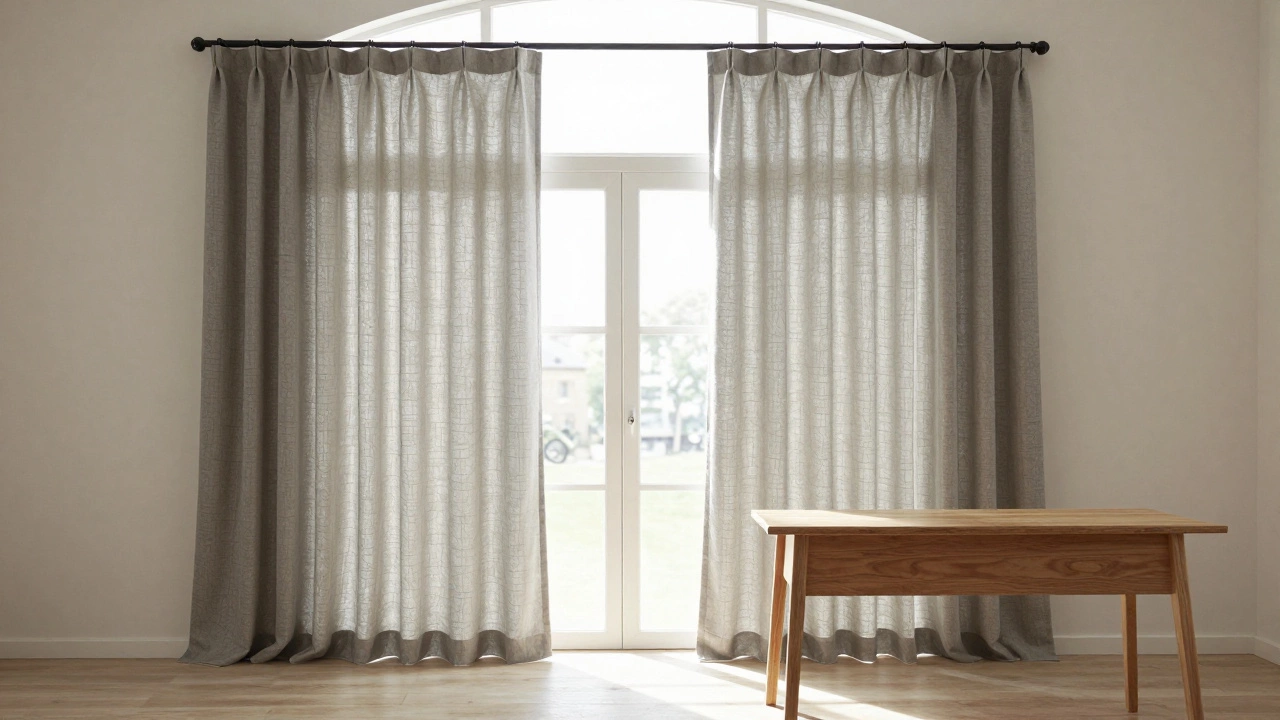 Double-layer curtains in a home office diffusing sunlight over a wooden desk.