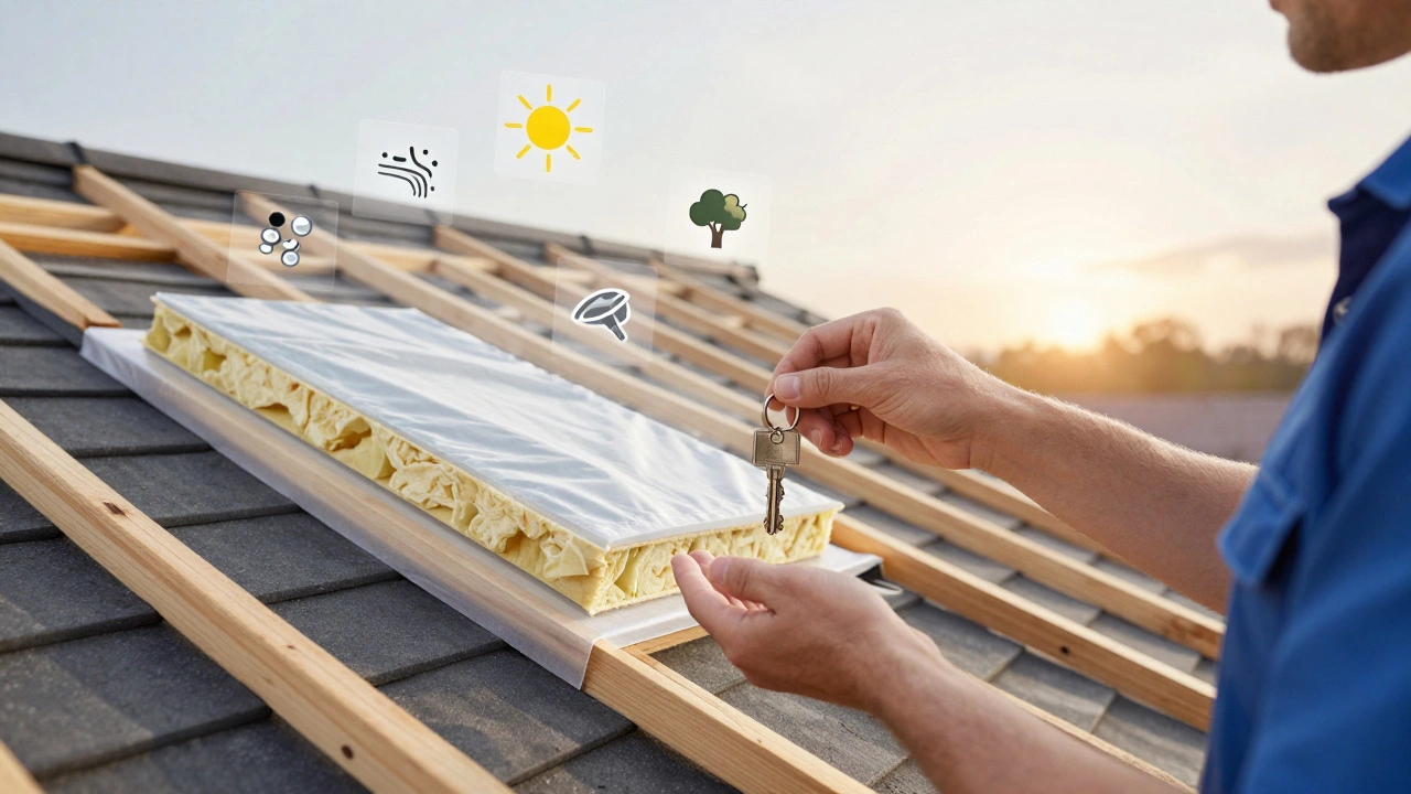 Homeowner giving key to roofer with transparent view of roof layers defending against weather elements.