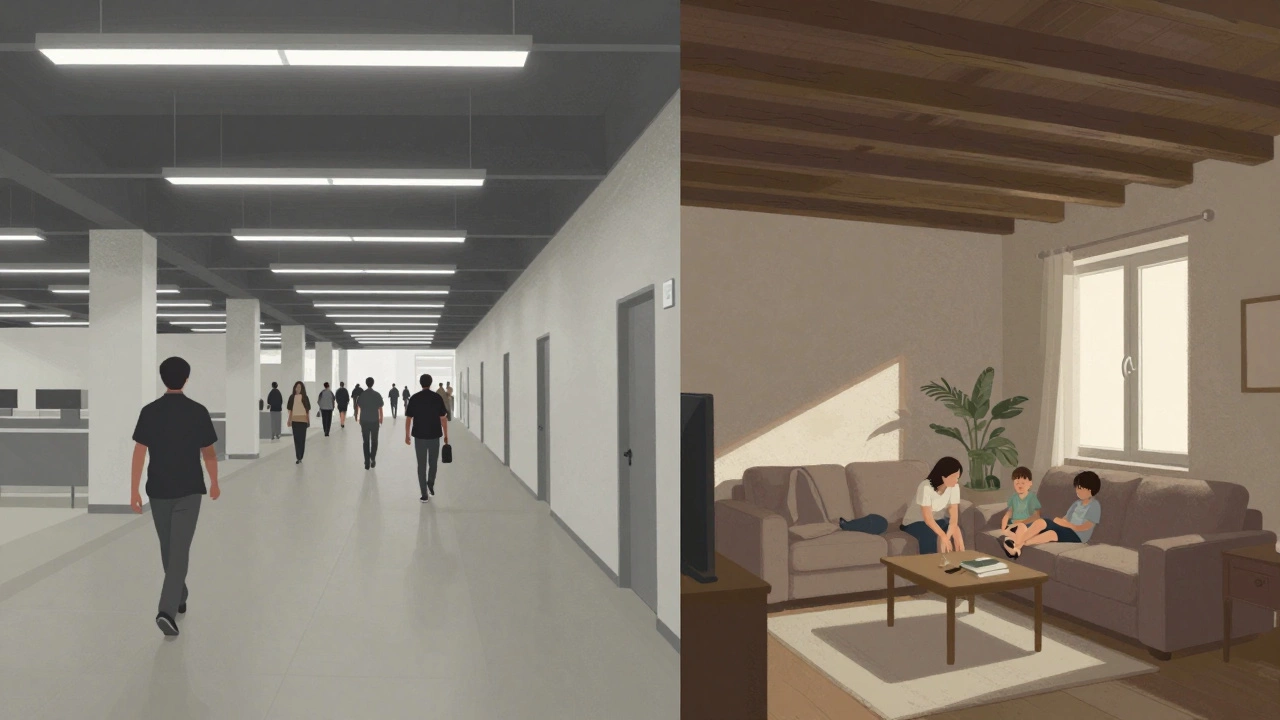 Interior comparison of a busy commercial space with high ceilings and a quiet residential living room.