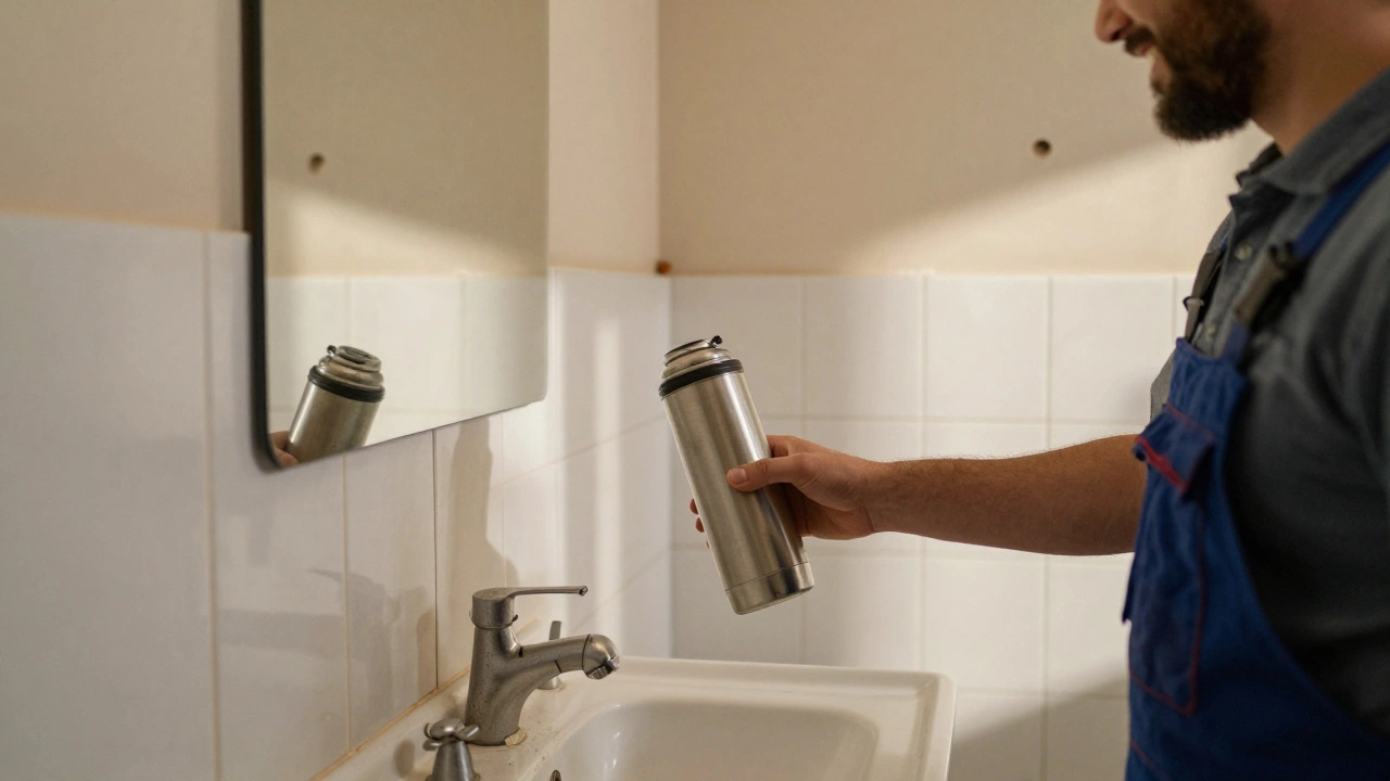 Person handing coffee to plumber in a partially renovated bathroom, vintage vanity being installed in background.
