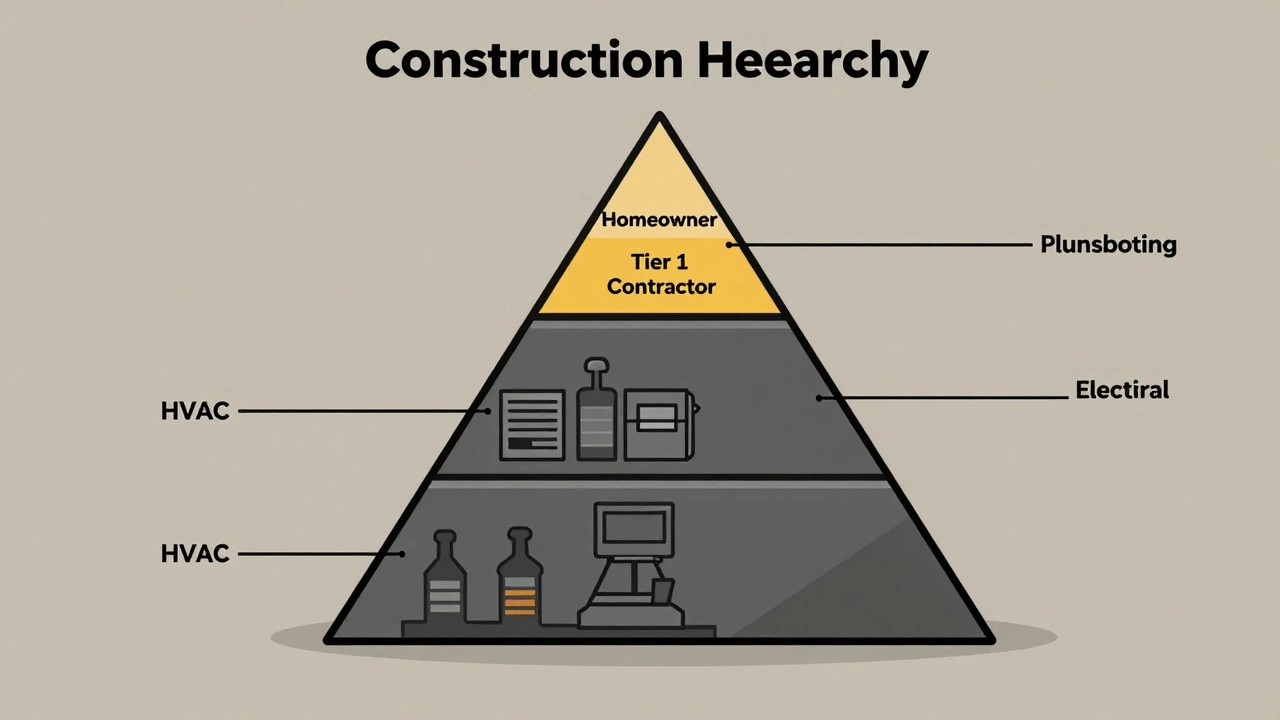 Pyramid diagram showing homeowner at top, tier 1 contractor as central pillar supporting subcontractor layers.