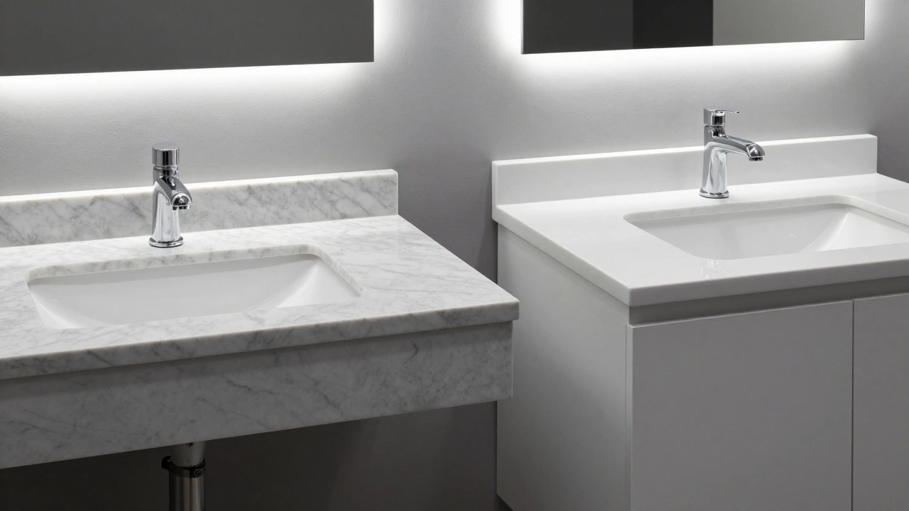 Side-by-side comparison of expensive marble vanity with stains versus affordable quartz vanity with clean finish.