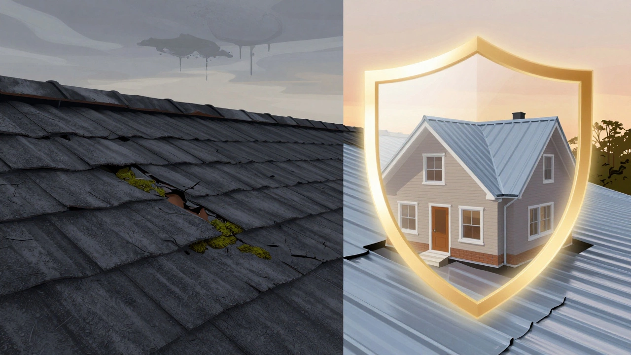 Split image showing damaged roof with water stains versus well-maintained roof with protective shield.