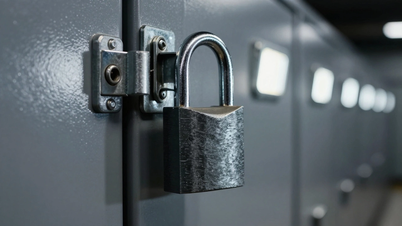 Steel disc lock on storage door with security lights