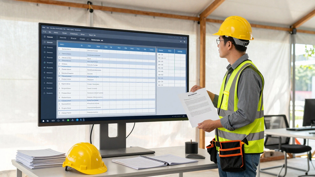 Tier 1 contractor reviewing digital project schedule in a construction office tent with signed contract visible.