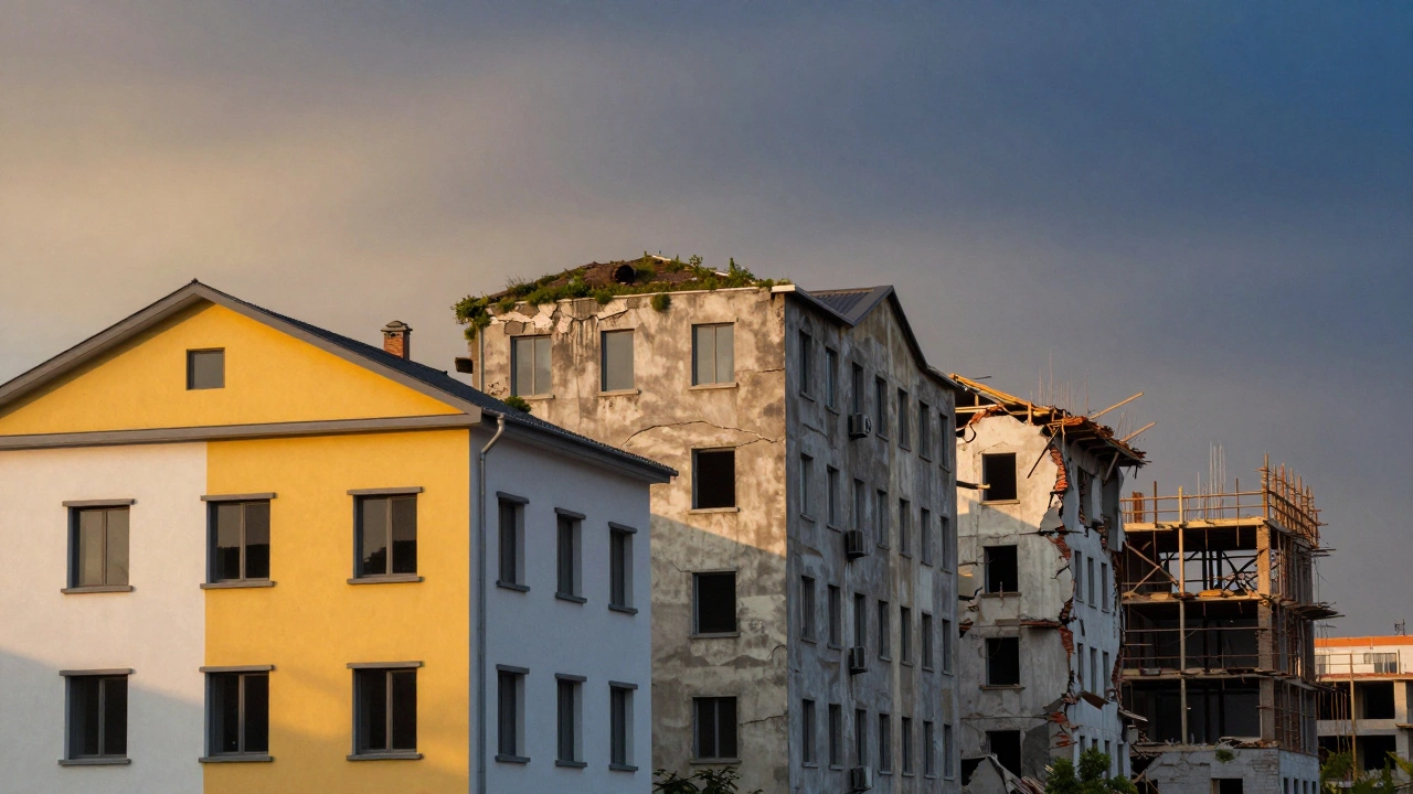 Visual timeline of building aging from new to replacement stage