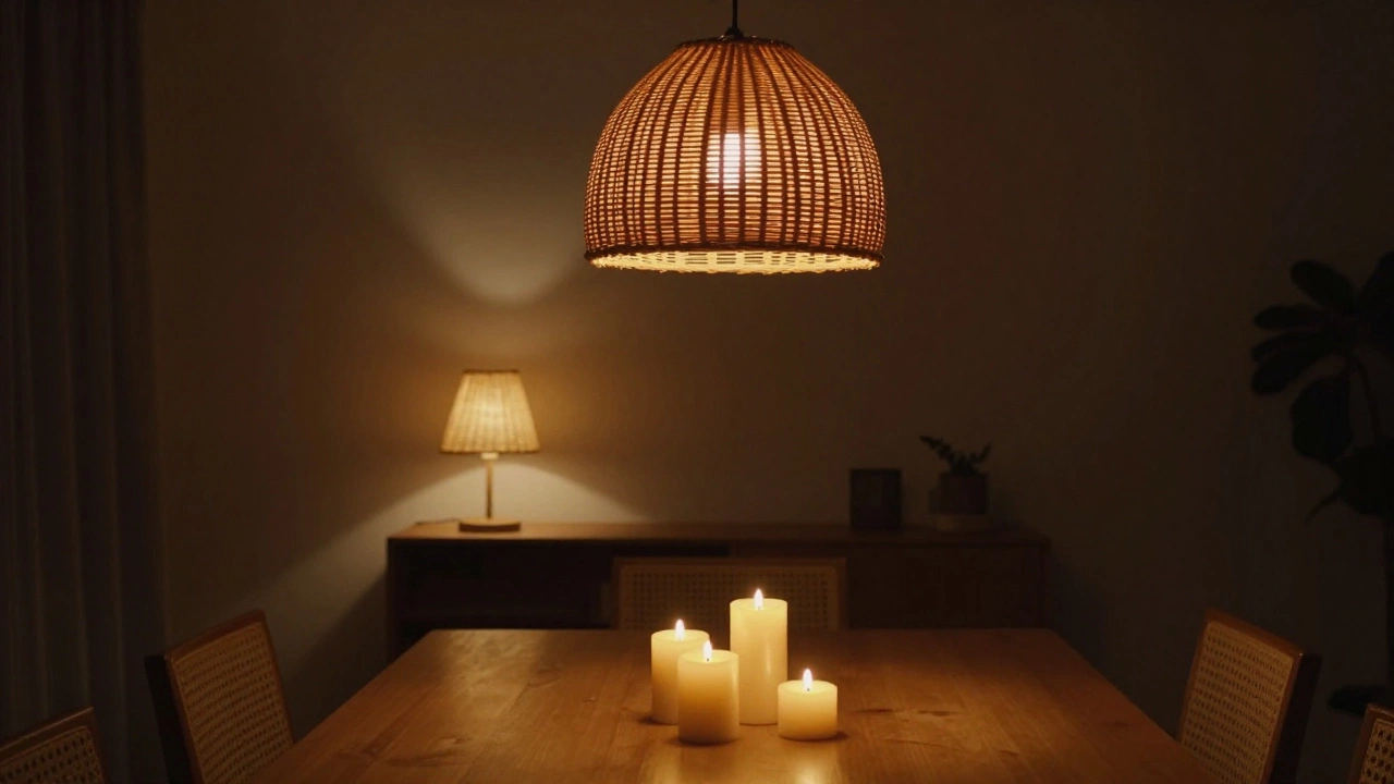 A cozy dining room at night illuminated by a rattan pendant light and flickering pillar candles.