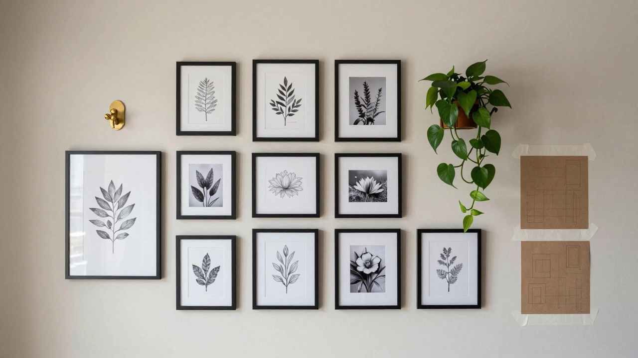 A curated gallery wall with black frames, botanical sketches, and a trailing plant
