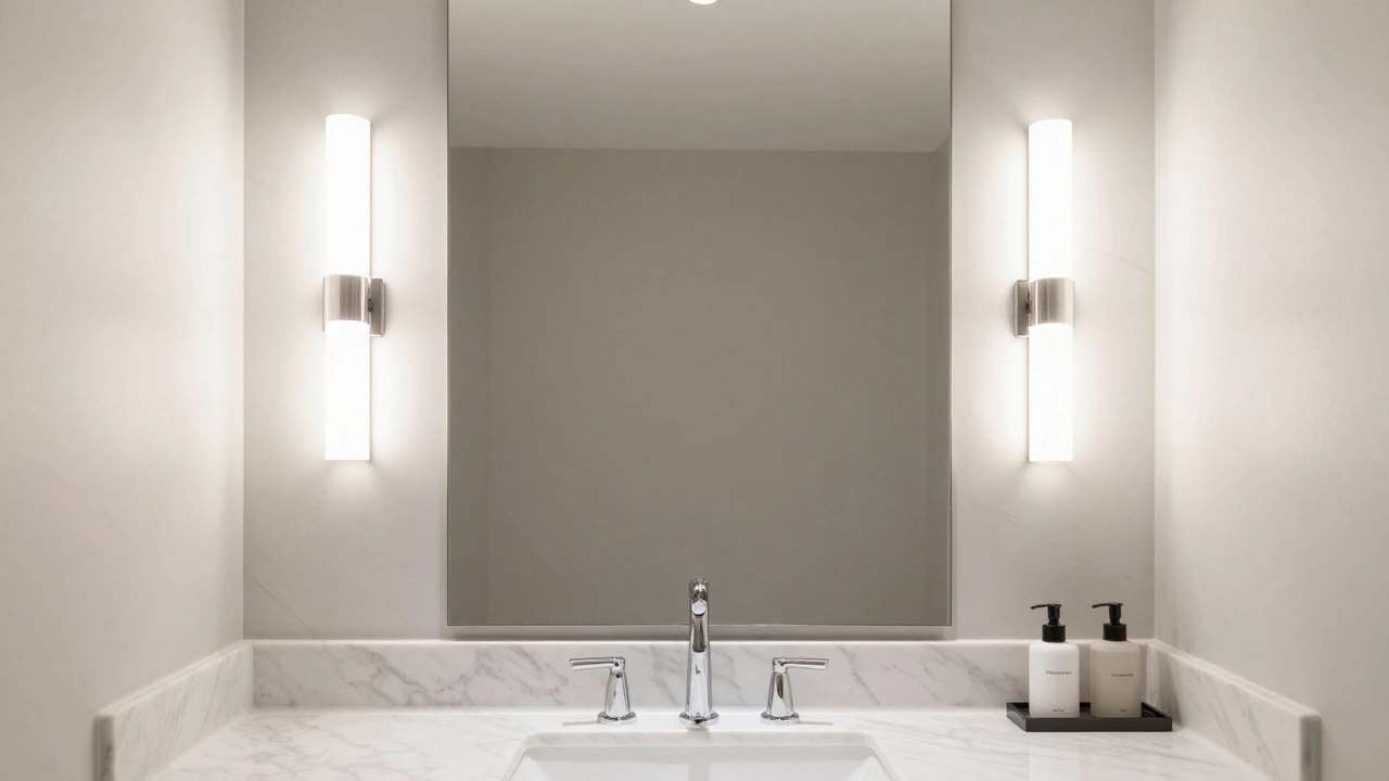 Bathroom vanity with vertical wall sconces providing even, flattering light