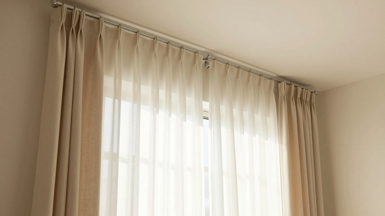 Beige curtains hung high near the ceiling and wide across a window to increase perceived room height