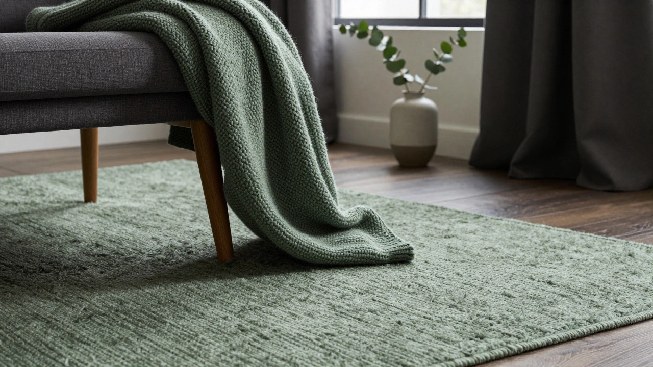 Detailed view of a sage green textured rug, a knit throw blanket, and eucalyptus on a dining table.