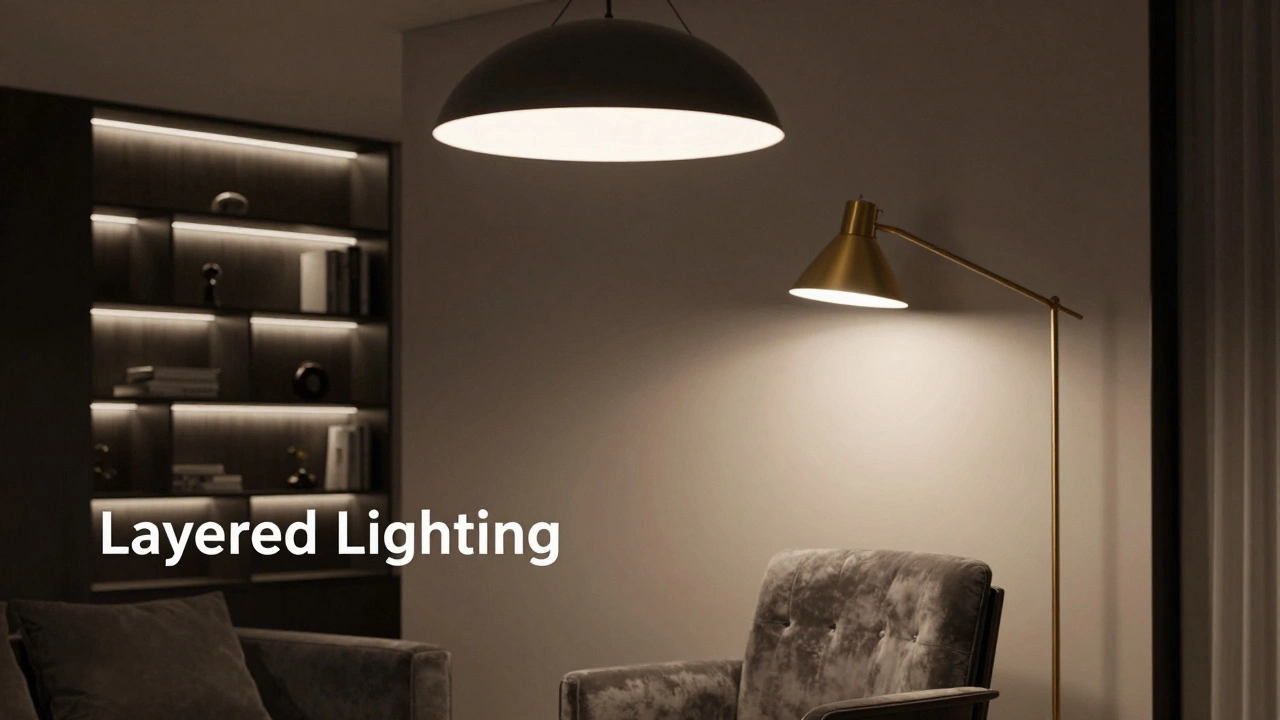 Living room featuring layered ambient, task, and accent lighting