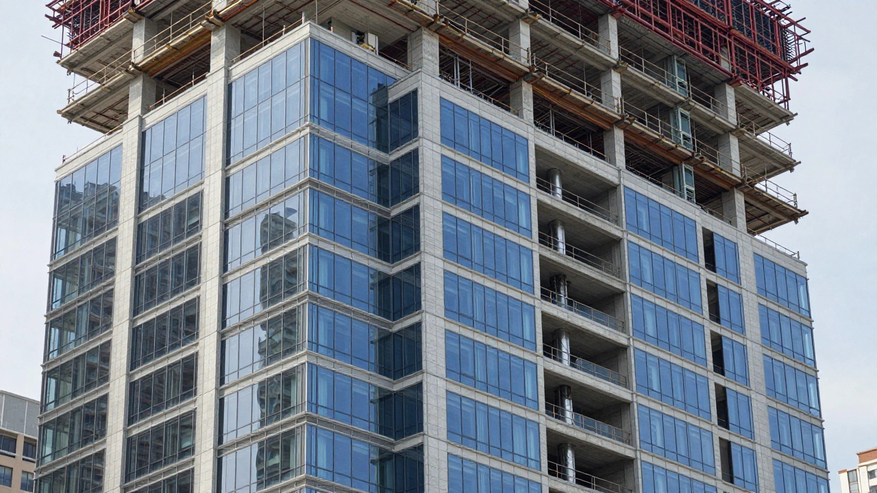 Modern glass and steel office building under construction in a city center