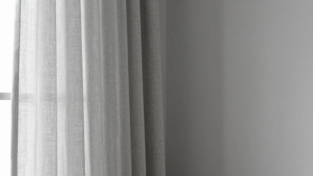 Pale gray linen curtains blending into a matching gray wall for a seamless monochromatic look